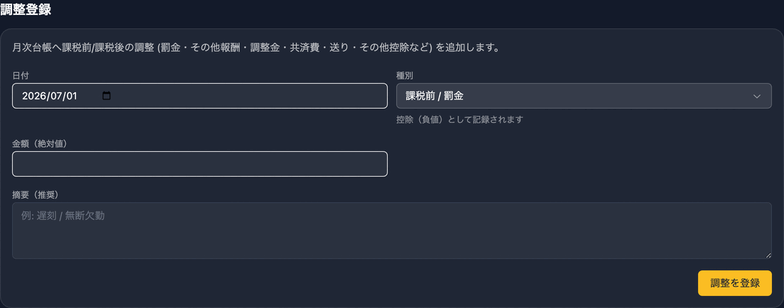 キャスト別報酬台帳 — 調整登録